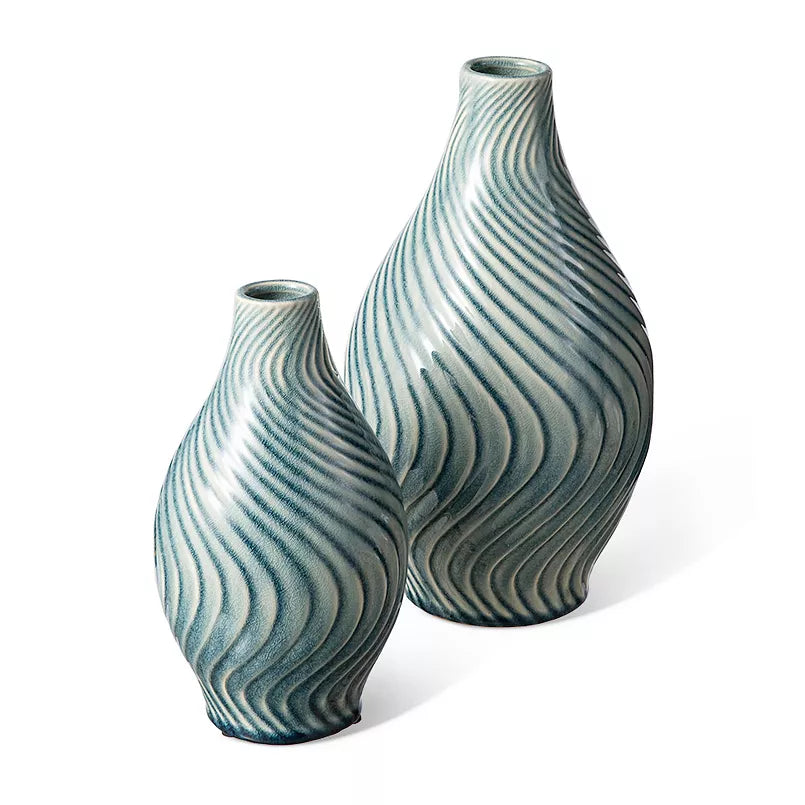Glitzhome Set of 2 Modern Spiraling Artistry Turquoise Ceramic Table Vases.