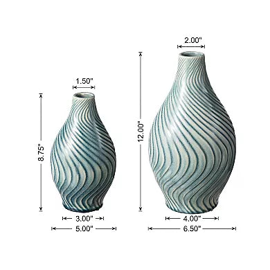 Glitzhome Set of 2 Modern Spiraling Artistry Turquoise Ceramic Table Vases.